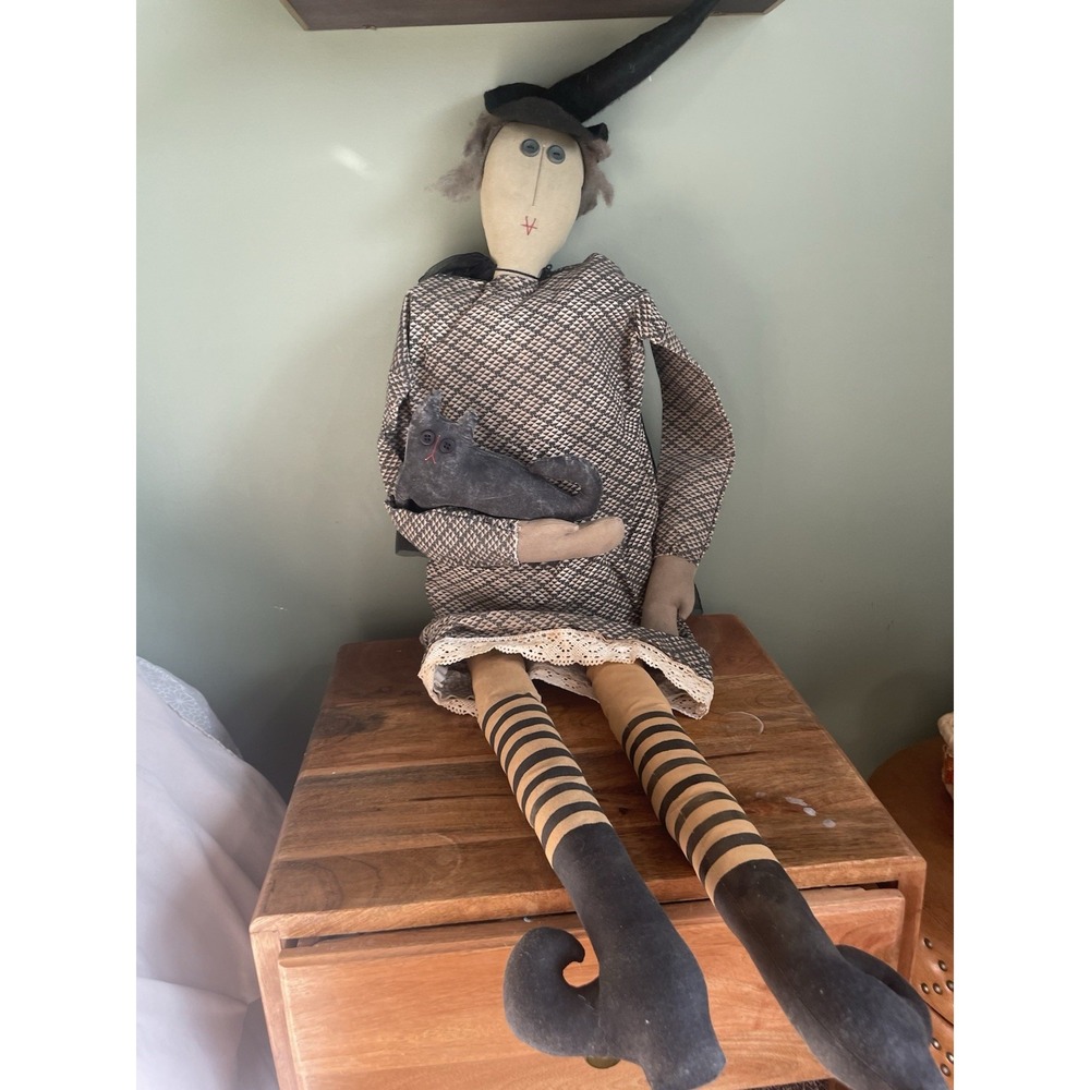 Primitive Halloween Witch w/ Black Cat Sitting 42" Total Length Folk Art